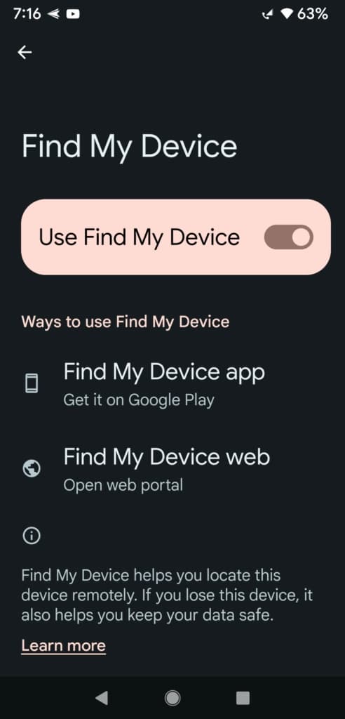 تنظیمات Find My Device setting